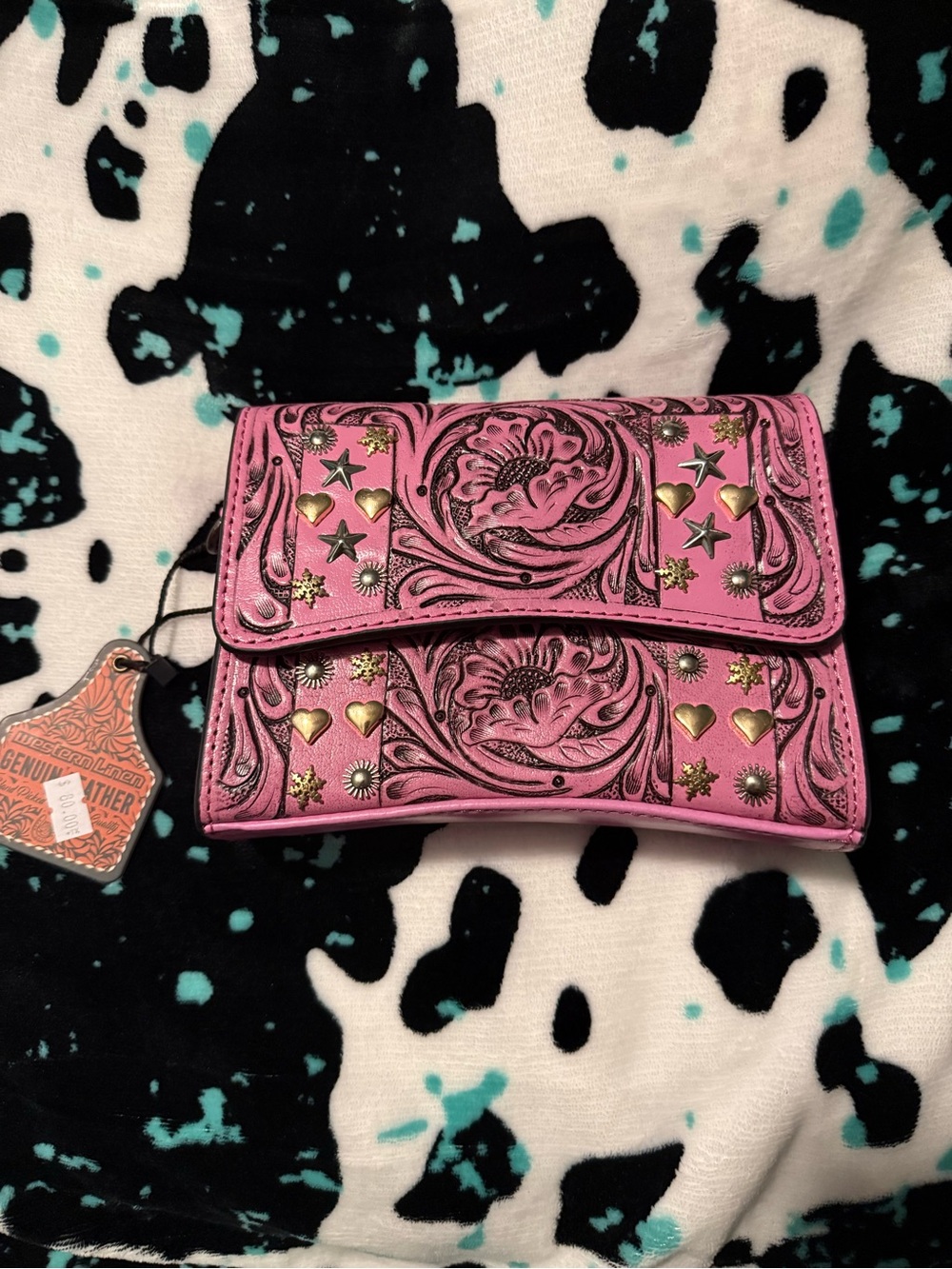 Pink Tooled Leather Crossbody Wallet with Gold Stud Accents